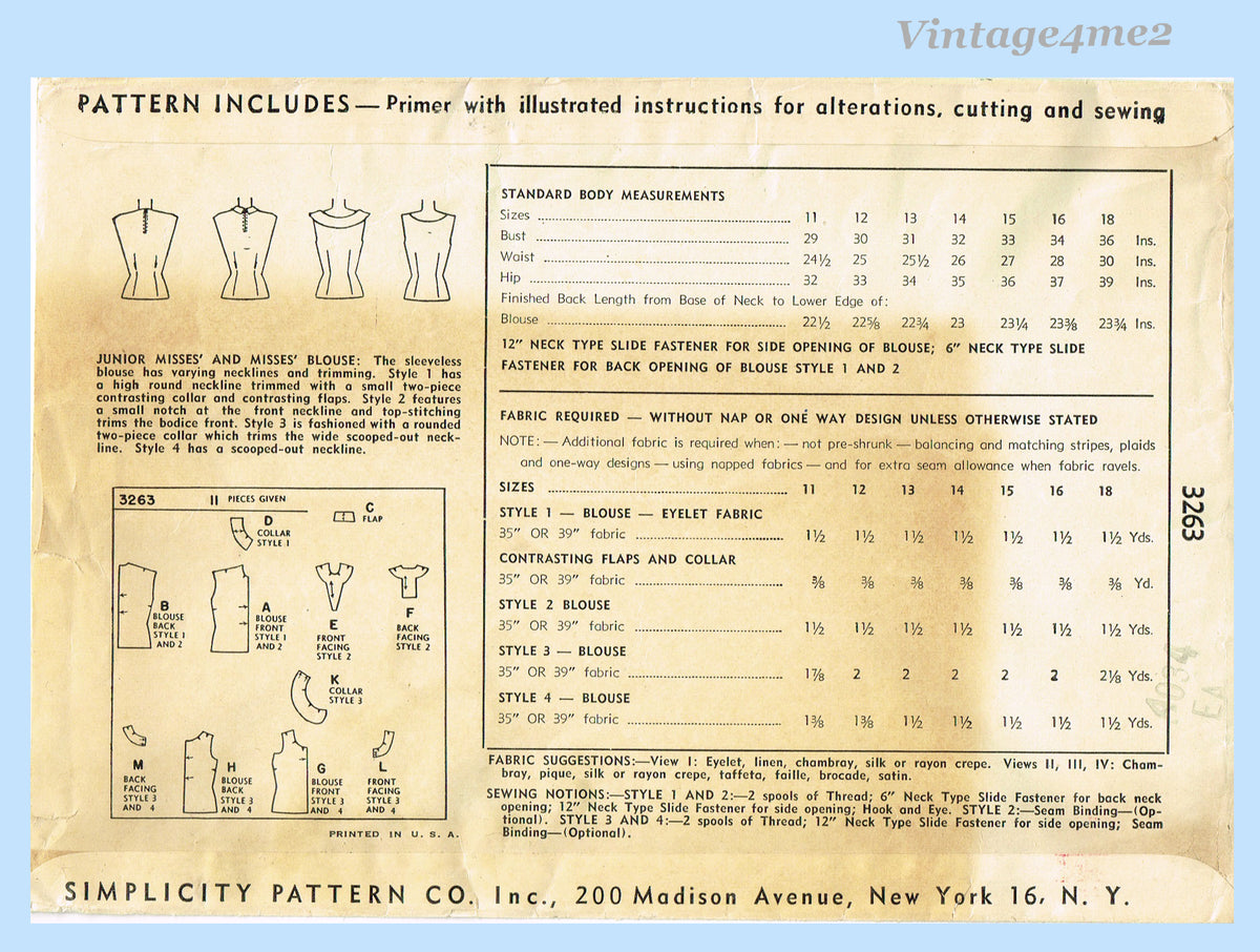 Advance Pattern 3263 Simplicity 3263: 1950s Misses Elegant Blouse Vintage Sewing Pattern ...