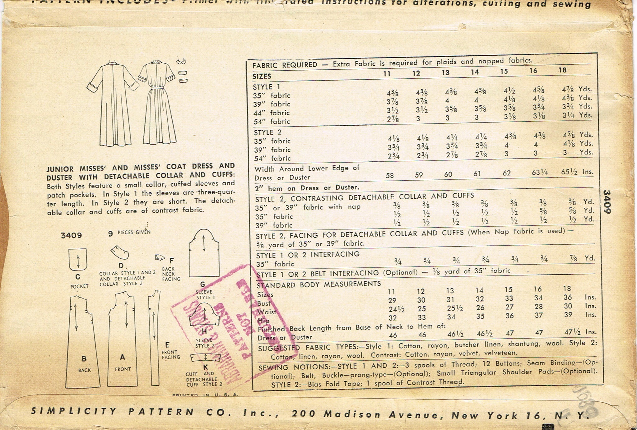 1950s Vintage Simplicity Sewing Pattern 3409 Uncut Mises Dress or Dust ...