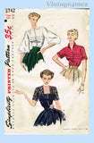Simplicity 3742: 1950s Lovely Misses Tucked Blouse Sz 32 B Vintage Sewing Pattern