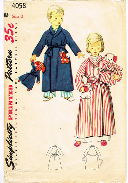 1950s Vintage Simplicity Sewing Pattern 4058 Toddlers Robe w Puppy Doll & Robe