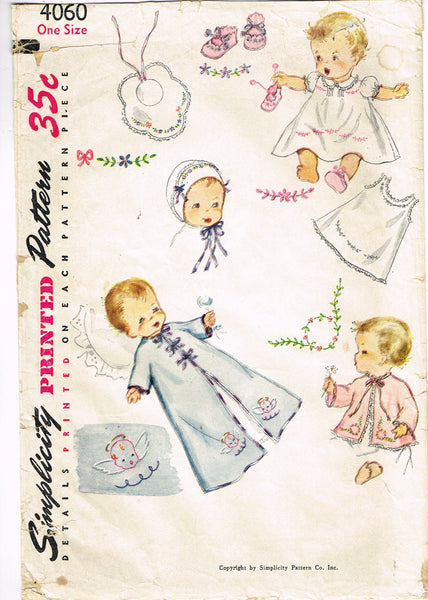 1950s Vintage Simplicity Sewing Pattern 4060 Infants Layette w Angel Transfer