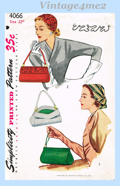 1950s Vintage Simplicity Sewing Pattern 4066 Misses Soutache Hat Purse ...