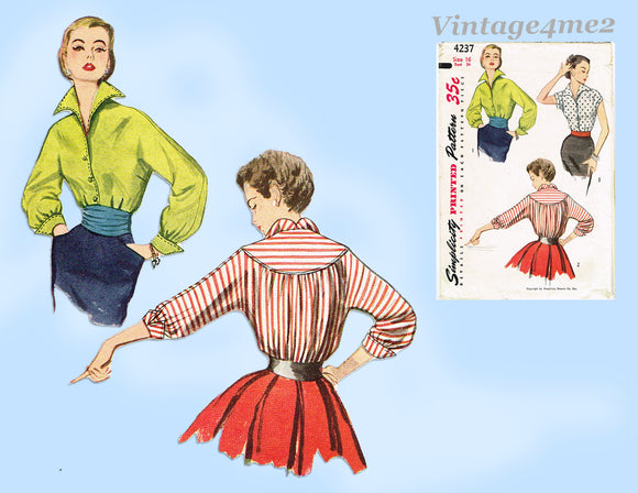 1950s Vintage Simplicity Sewing Pattern 4237 Stunning Misses Blouse Size 34 B