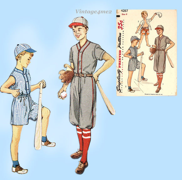 Simplicity 4267: 1950s Boys Size 6  Baseball Uniform  Vintage Sewing Pattern UNCUT