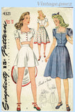 Simplicity 4321: 1940s Rare Misses WWII Shorts Top and Skirt 34B Vintage Sewing Pattern