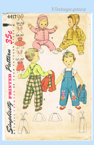 1950s Vintage Simplicity Sewing Pattern 4417 Cute Toddlers Bunny Overalls Set