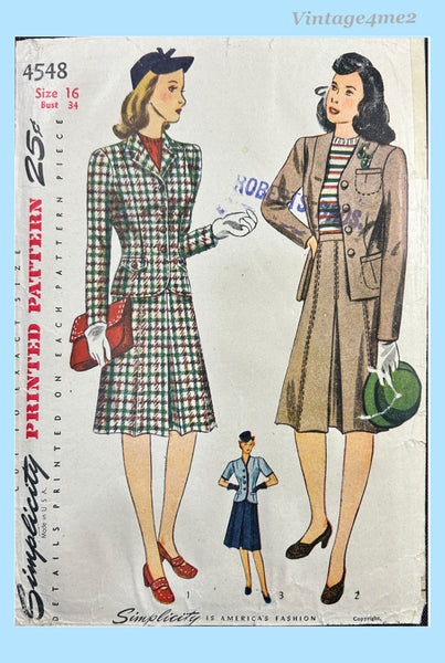 1940s Vintage Simplicity Sewing Pattern 4548 Uncut WWII Misses Suit Sz 34 B