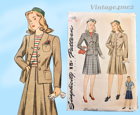 1940s Vintage Simplicity Sewing Pattern 4561 Uncut WWII Misses Suit Sz 28 B