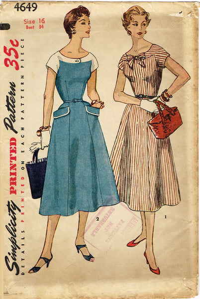 Simplicity 4649: 1950s Uncut Misses Street Dress Sz 34 B Vintage Sewing Pattern