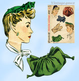1940s Vintage Simplicity Sewing Pattern 4777 Charming WWII Hat Purse Mittens Sz LRG