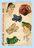 1940s Vintage Simplicity Sewing Pattern 4777 Charming WWII Hat Purse Mittens Sz LRG