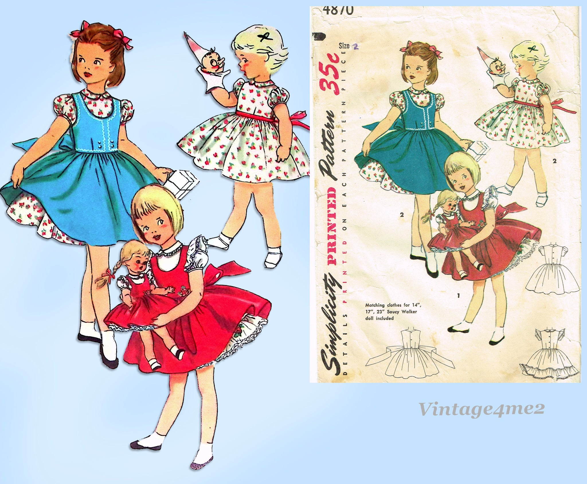 Simplicity 4870: 1950s Tot Dress Matching Doll Dress Vintage
