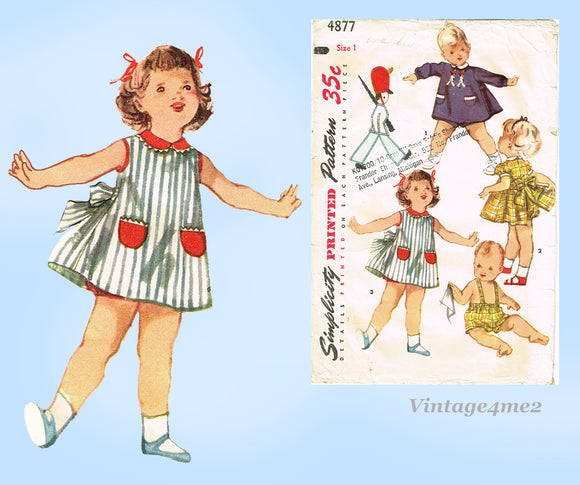 Simplicity 4877:1950s Sweet Toddler Apron Dress Size 1 Vintage Sewing Pattern