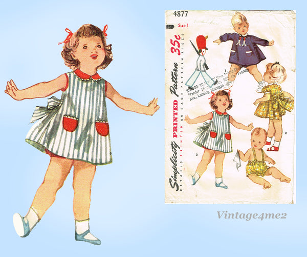 Simplicity 4877:1950s Sweet Toddler Apron Dress Size 1 Vintage Sewing Pattern