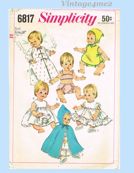 1960s Vintage Simplicity Sewing Pattern 6817 Uncut Ginny Baby 18 Inch Doll Clothes