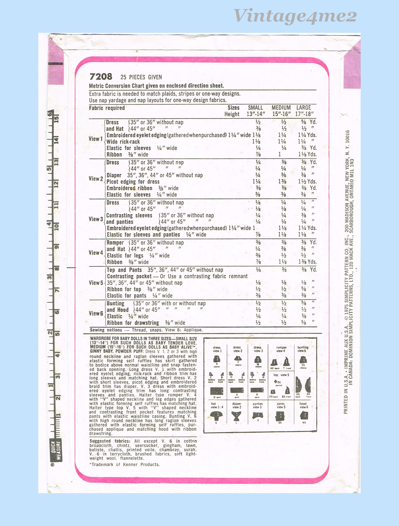 Simplicity Pattern 7208 1970s VTG Simplicity Sewing Pattern 7208 FF 17-18in Baby Doll Clothes ...