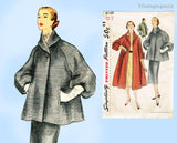 Simplicity 8449: 1950s Rare Misses Swing Back Coat Sz 32B Vintage Sewing Pattern