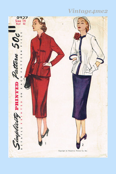 Simplicity 8459: 1950s Uncut Misses Slender Suit Sz 32 B Vintage Sewing Pattern