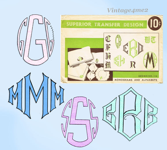 1940s Vintage Superior Embroidery Transfer 114 Vintage Uncut Monograms for Linens