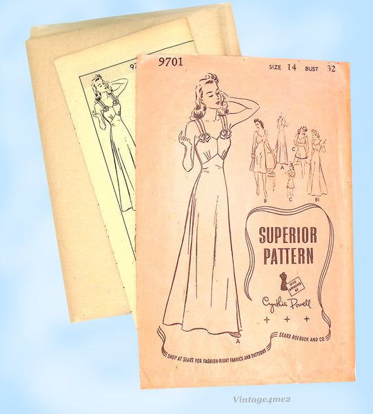 1940s Vintage Superior Sewing Pattern 9701: Gorgeous WWII Bias Cut Nightgown 32B