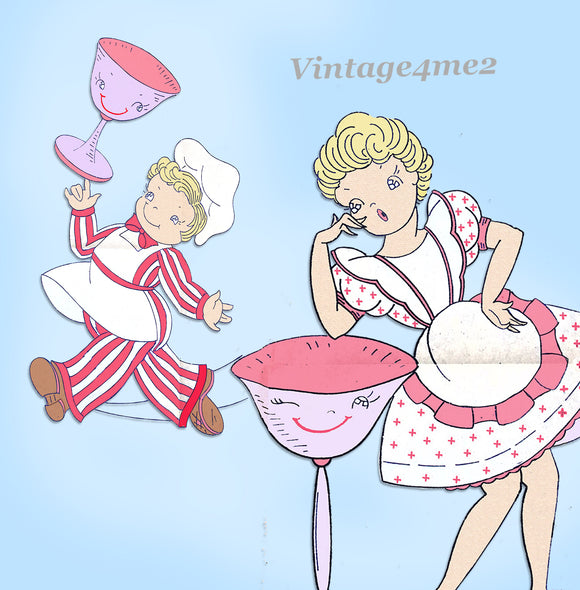 1950s VTG Vogart Embroidery Transfer 150 Uncut Comic Cute Chef & Maid Tea Towels