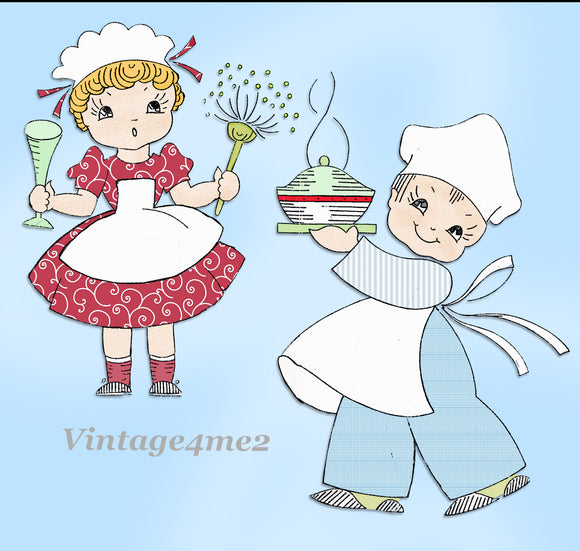 1950s Vintage Vogart Embroidery Transfer 103 Uncut Comic Cute Chef & Maid Motifs