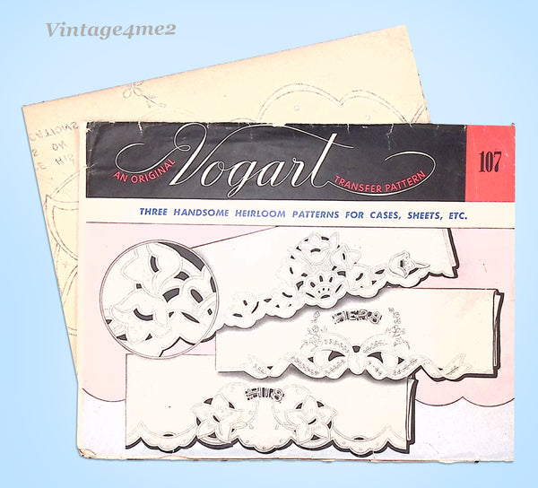 1940s Cutwork His & Hers Pillowcase Transfer Uncut Vogart Heirloom Embroidery
