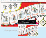 1950s Original Vintage Vogart Embroidery Transfer 284 Uncut Pengiun Tea Towels