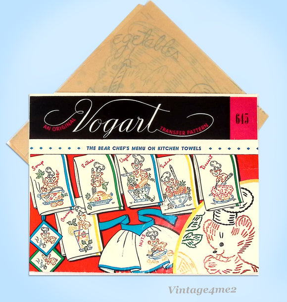 1950s Vintage Vogart Embroidery Transfer 645 Uncut Little Bear Chef Tea Towel Set