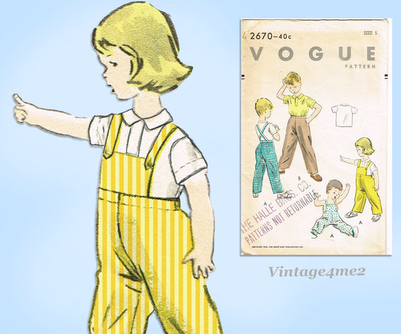 1950s Vintage Vogue Sewing Pattern 2670 Uncut Toddler's Play Clothes Set Size 5