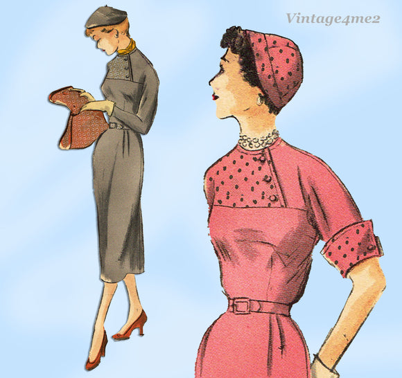 Vogue 3370: 1950s Stylish Misses Street Dress Sz 33 B Vintage Sewing Pattern