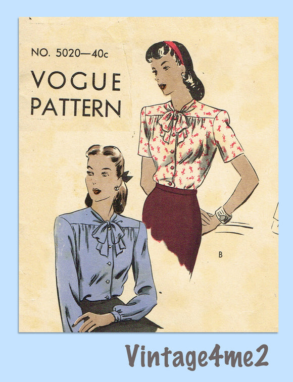Vogue 5020: 1940s Charming WWII Misses Blouse Size 30 B Vintage Sewing Pattern