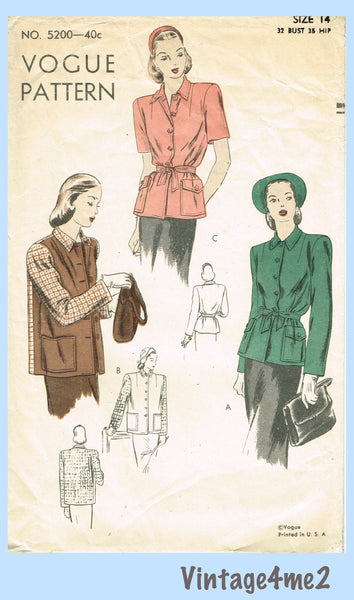 Vogue 5200: 1940s Misses Boxy Coat or Jacket Sz 32B Vintage Sewing Pattern