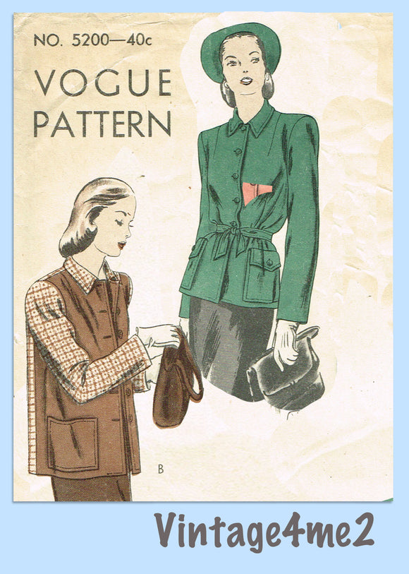 Vogue 5200: 1940s Misses Boxy Coat or Jacket Sz 32B Vintage Sewing Pattern