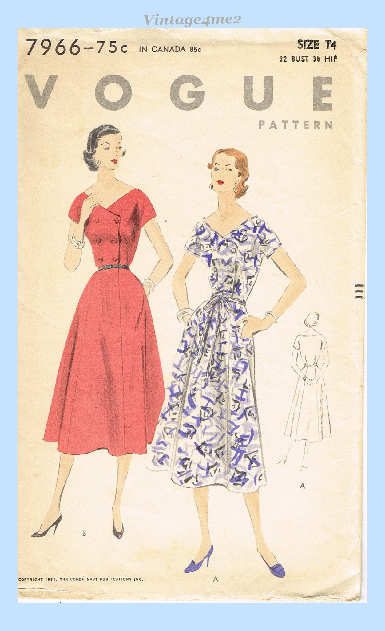 Vogue 7966: 1950s Uncut Misses Button Front Dress 32 B Vintage Sewing – Vintage4me2