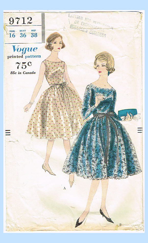 Vogue 9712: 1950s Stunning Women's Dress Sz 36 B Vintage Sewing Pattern