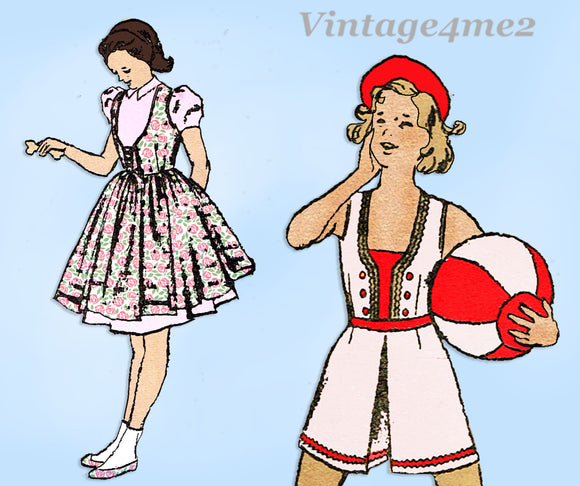 1940s Vintage Womans World Sewing Pattern 3238 Little Girls Sun Suit Set Sz 8