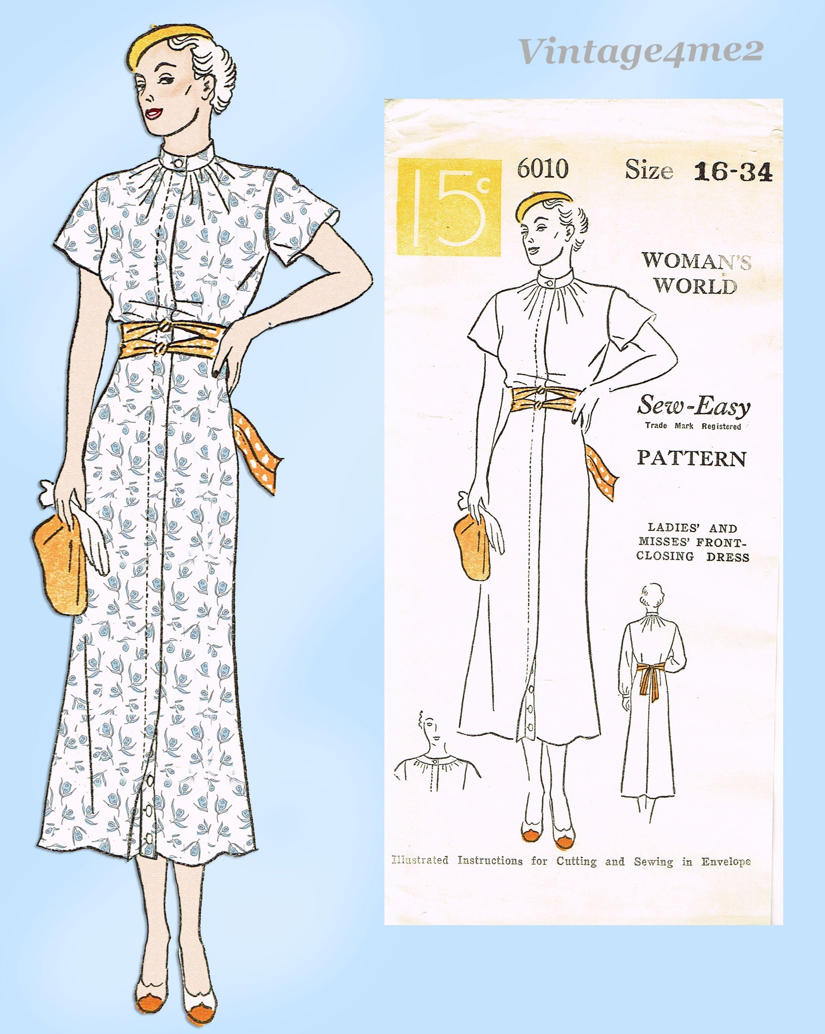 Woman's World 6010: 1930s Uncut Day Dress 34 B Vintage Sewing