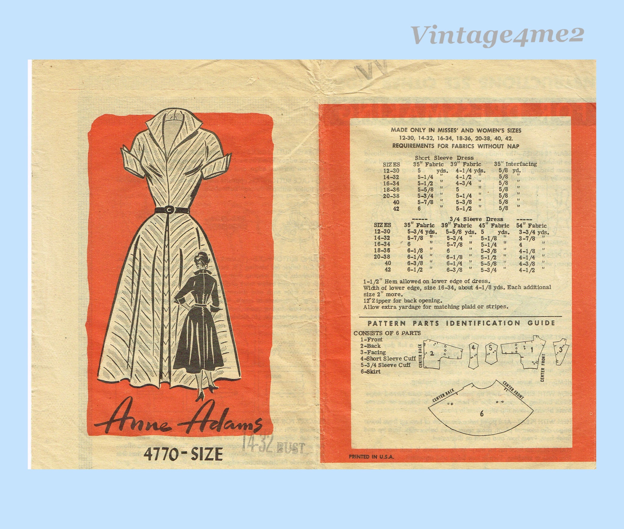1950s Vintage Anne Adams Sewing Pattern 4770 Misses Street Dress 32 B –  Vintage4me2