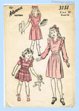 1940s Vintage Advance Sewing Pattern 3151 Cute Girls WWII Pinafore Dress Sz 10