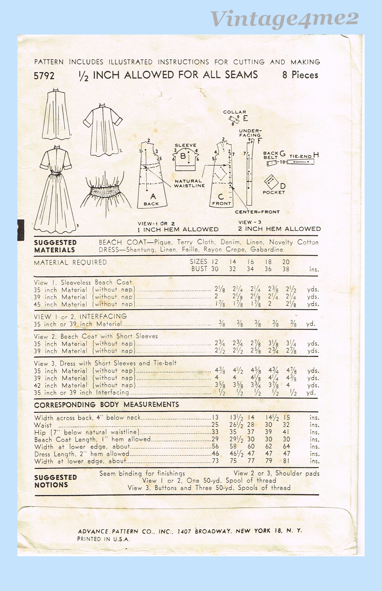 Duster Robe Pattern Free 1950s VTG Advance Sewing Pattern 5792 Misses Duster Robe or Cover Up ...