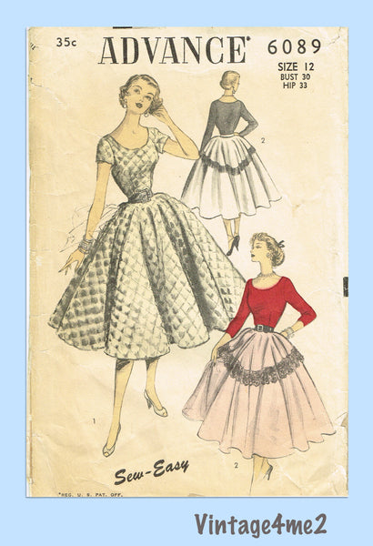 Advance 6089: 1950s Stunning Misses Street Dress Sz 30 B Vintage Sewing Pattern