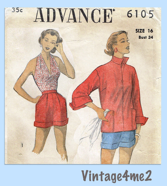 Advance 6105: 1950s Misses Halter Top Shorts & Jacket 34B Vintage Sewing Pattern