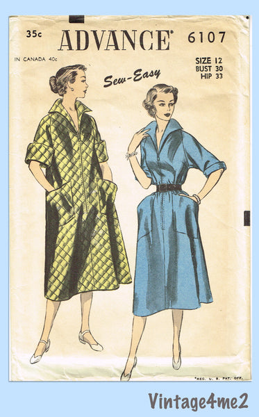 Advance 6107: 1950s Stunning Misses Duster or Dress 30 B Vintage Sewing Pattern