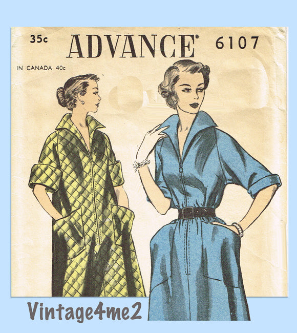 Advance 6107: 1950s Stunning Misses Duster or Dress 30 B Vintage Sewing Pattern