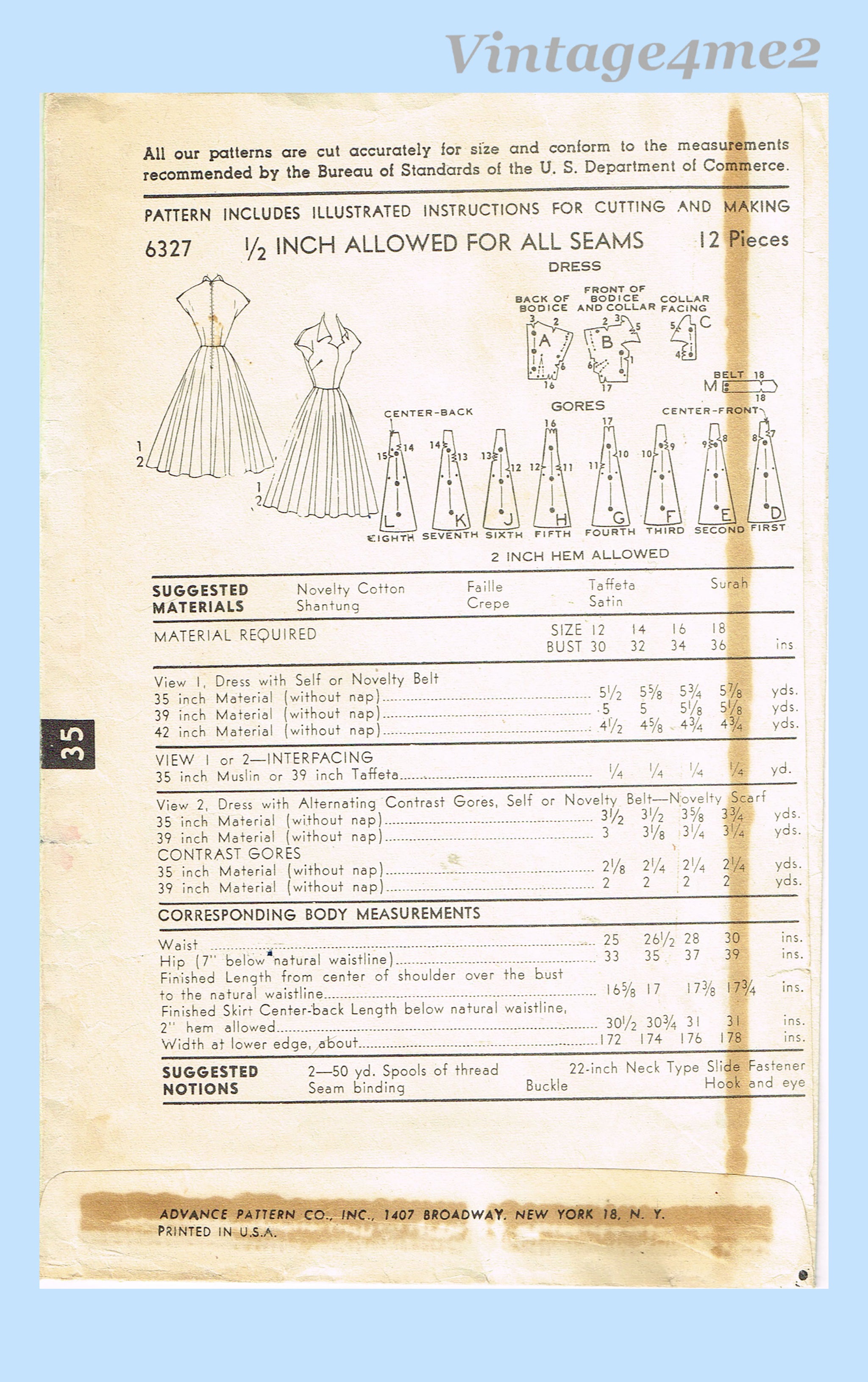 Advance 6327: 1950s Uncut Misses Street Dress Sz 34 B Vintage