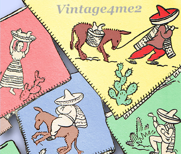 1950s VTG Aunt Martha's Embroidery Transfer 9475 Uncut Mexico Way Tea Towels