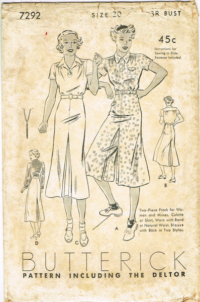 Butterick 7292: 1930s Misses Dress w Culottes Sz 38 B Vintage Sewing Pattern