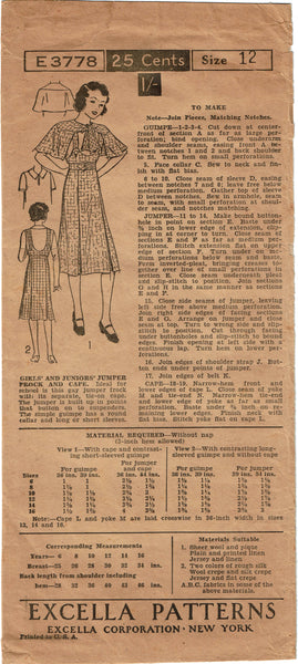 Excella 3778: 1930s Cute Little Girls Party Dress Size 12 Vintage Sewing Pattern
