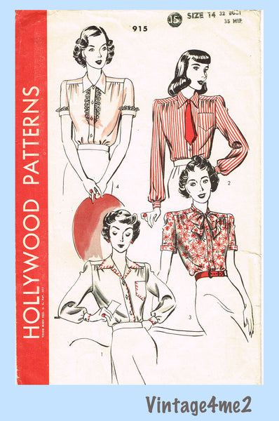 Hollywood 715: 1940s Charming Misses WWII Blouse Sz 32 B Vintage Sewing Pattern